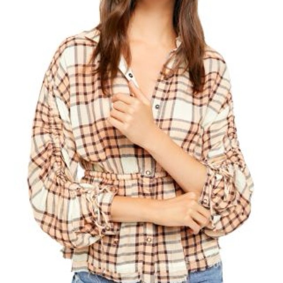 We The Free Tops - We The Free Cream and Tan Plaid Button-Down Shirt